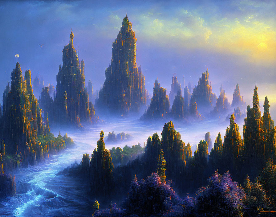 Majestic fantasy landscape with spire-like mountains, river, and mystical twilight glow