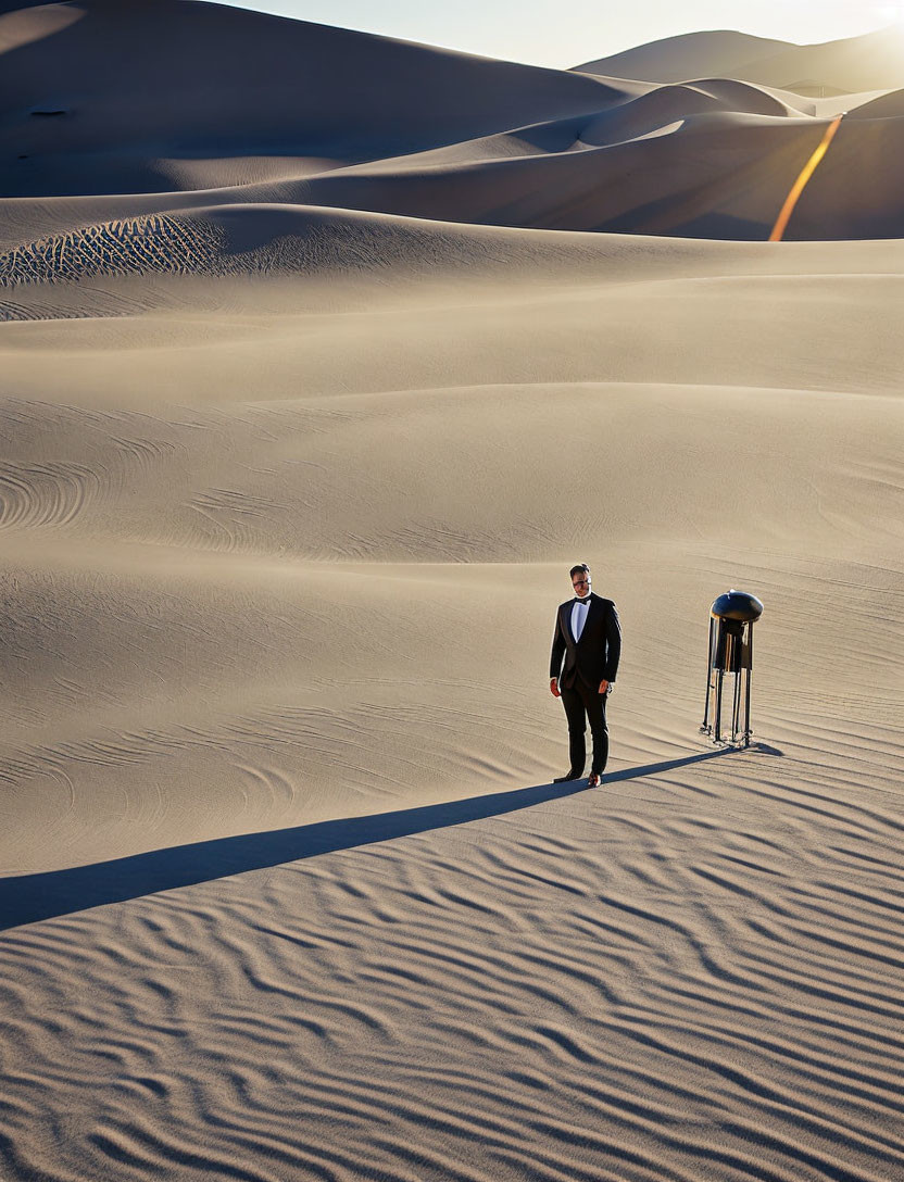 Man in suit next to drum set on sandy dunes with long shadows