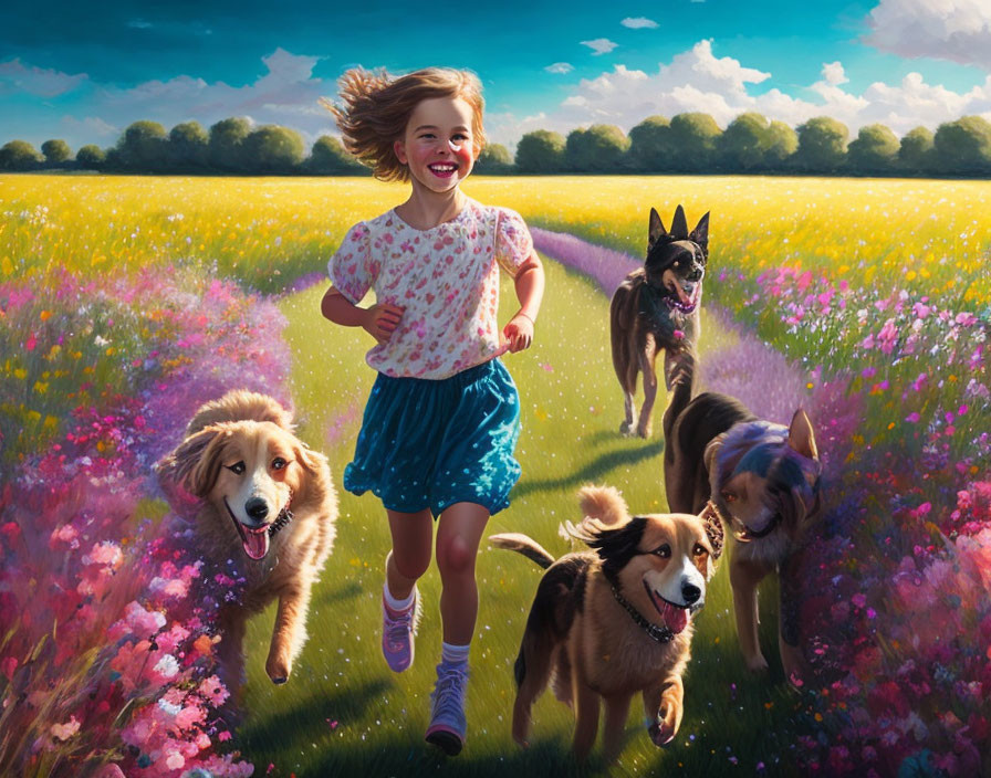 Girl running with four dogs in flower-filled meadow under sunny sky