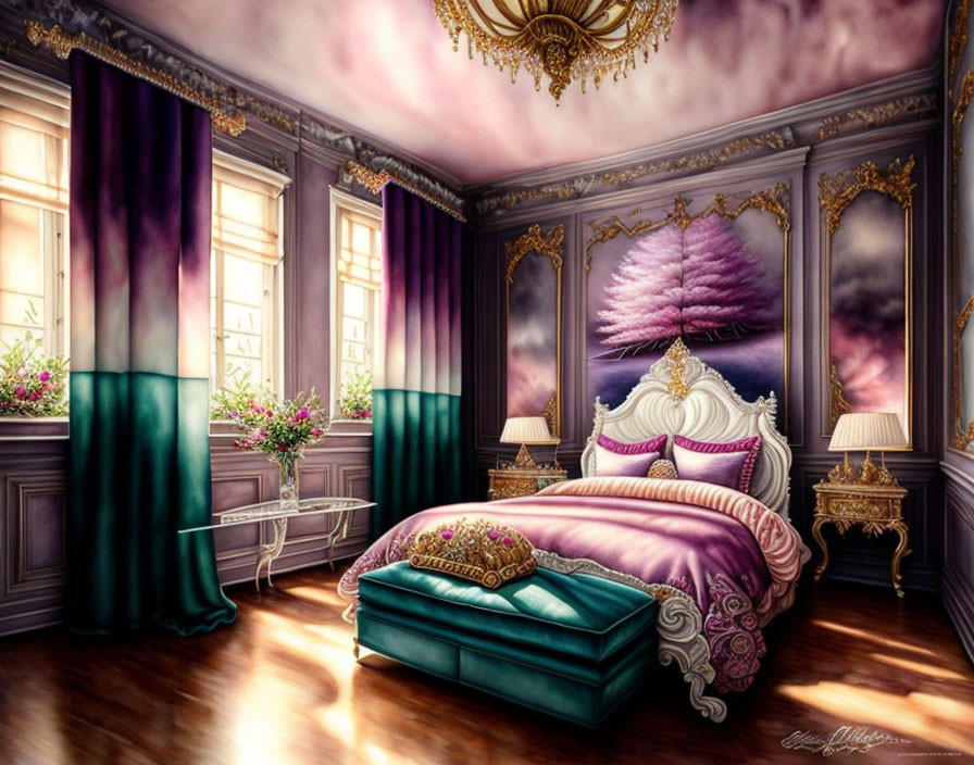 Luxurious Bedroom with Ornate Bed, Drapes, Chandelier, and Cloudy Sky View