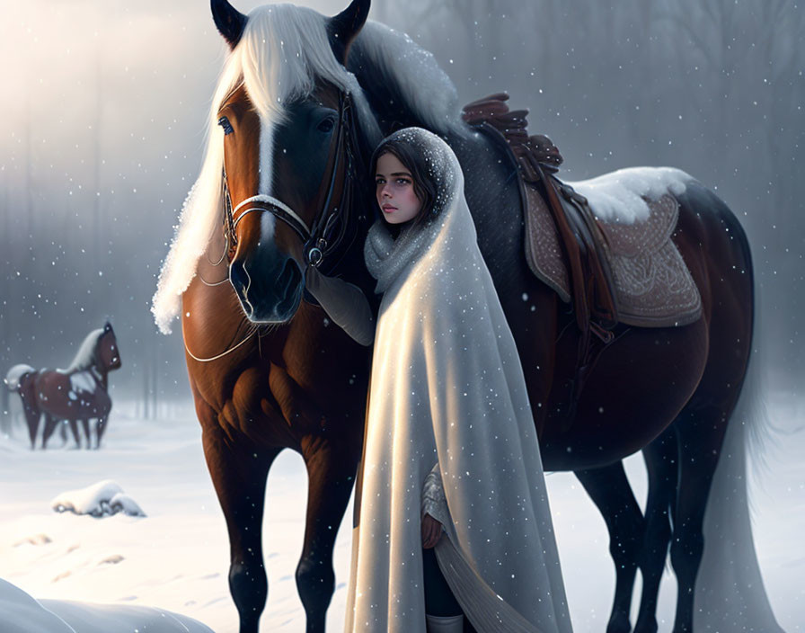 Person in white cloak with brown horse in snowy forest landscape