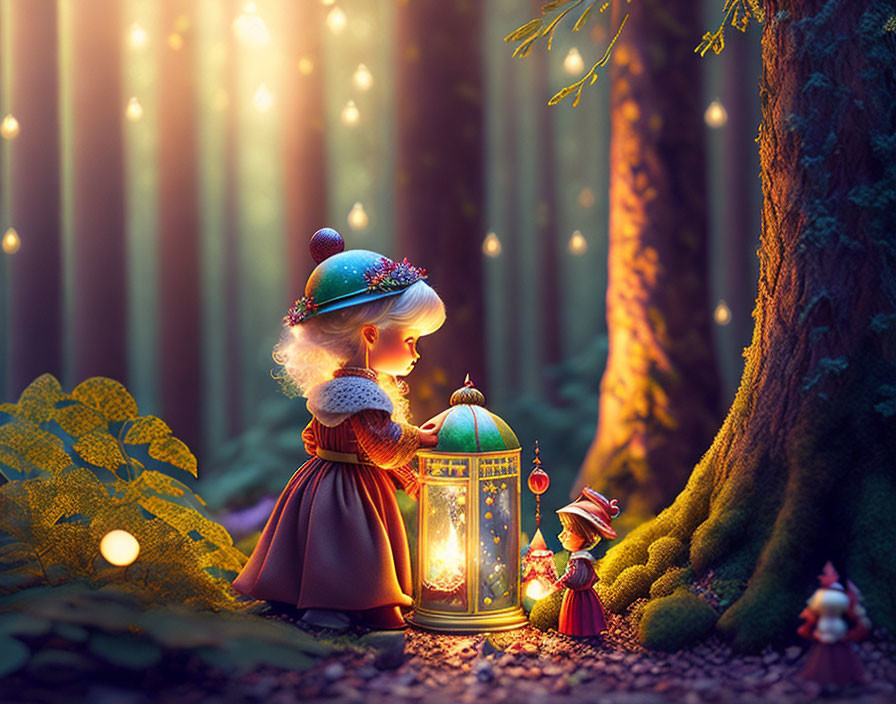 Illustration: Young girl with lantern in magical forest