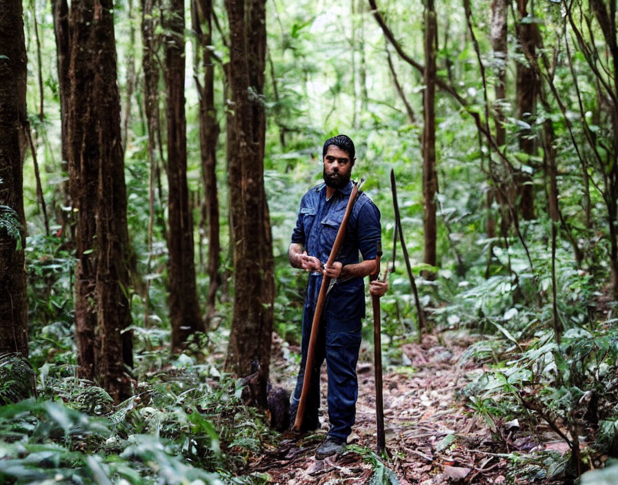 Bearded man in denim holding shotgun in dense forest