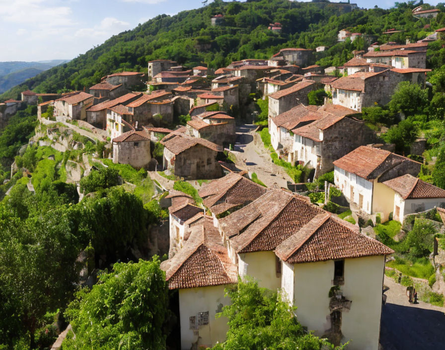 Old Village with Terracotta Roofs on Hillside Amid Greenery