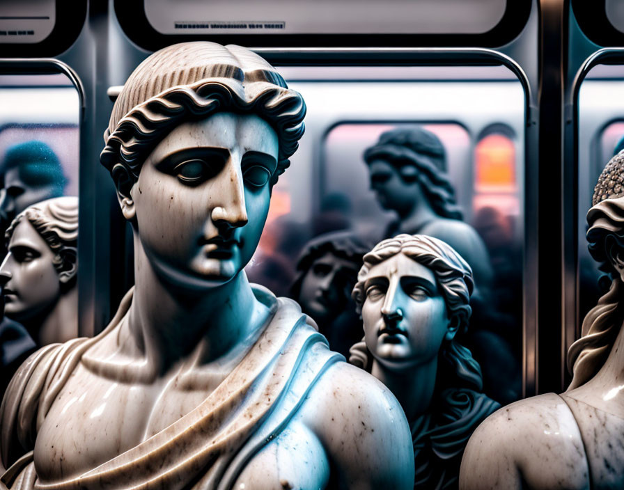 Classic busts resembling ancient Greek or Roman statues in modern transit-themed setting.