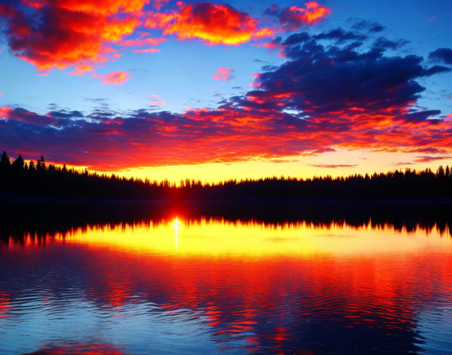 Vivid red and blue sunset reflected on serene lake with tree silhouettes