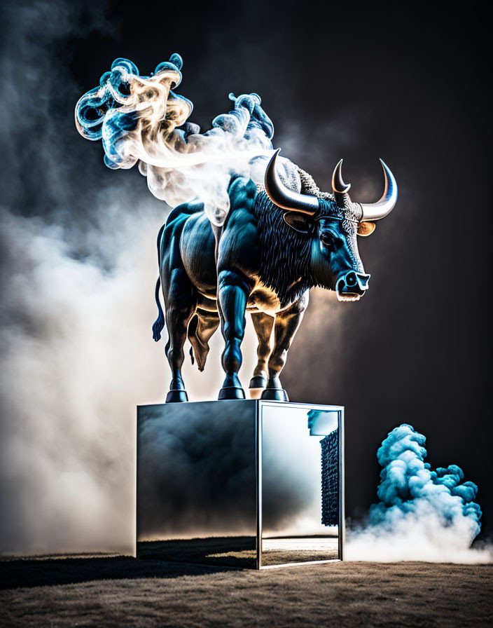 Metallic bull with steaming nostrils on mirrored pedestal in dark background.