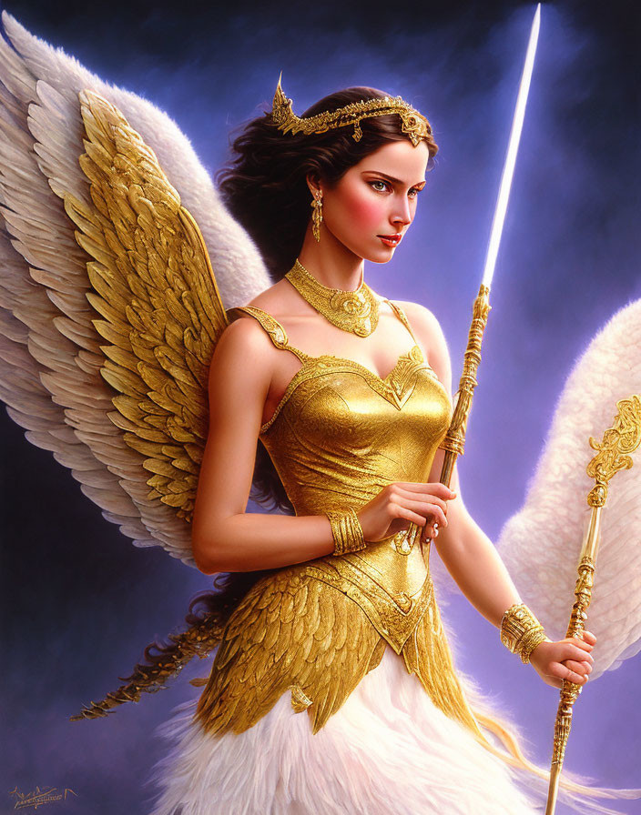 Majestic angelic figure with white wings, gold crown, armor, sword, and staff