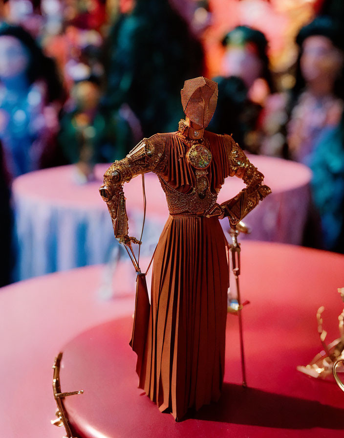 Intricate traditional figurine on red table with bokeh background