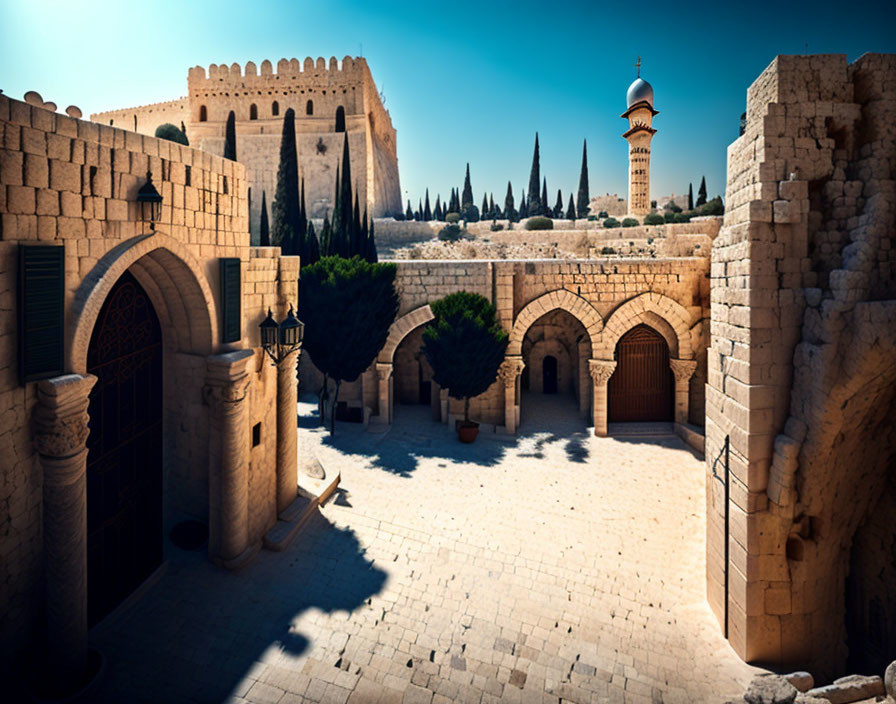 Historical fortress with stone walls and tower under clear blue sky surrounded by green trees and sunlight.