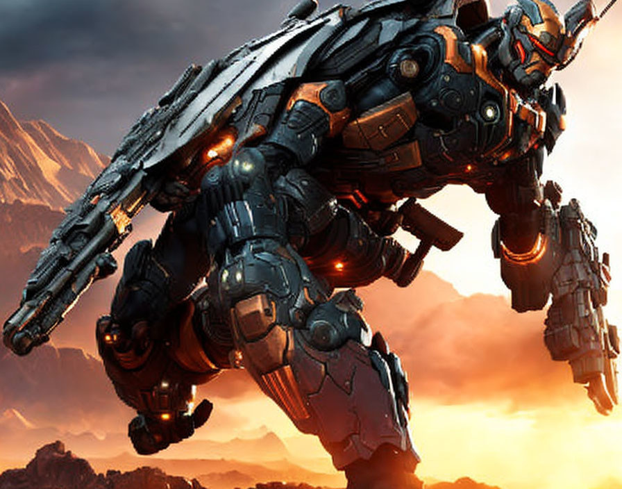 Intricate Armor Design on Giant Robot in Dramatic Sky