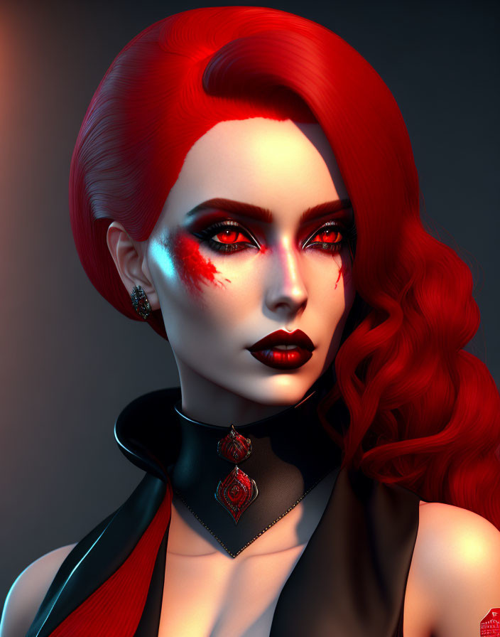 Vibrant red-haired woman with matching makeup and black choker with red emblem