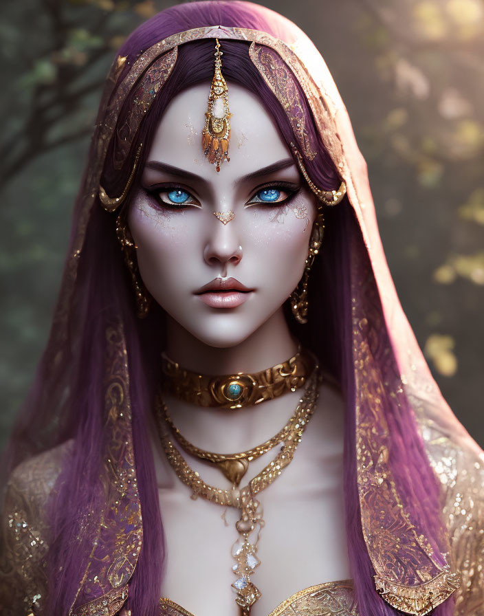 Fantastical female portrait with violet hair and gold jewelry