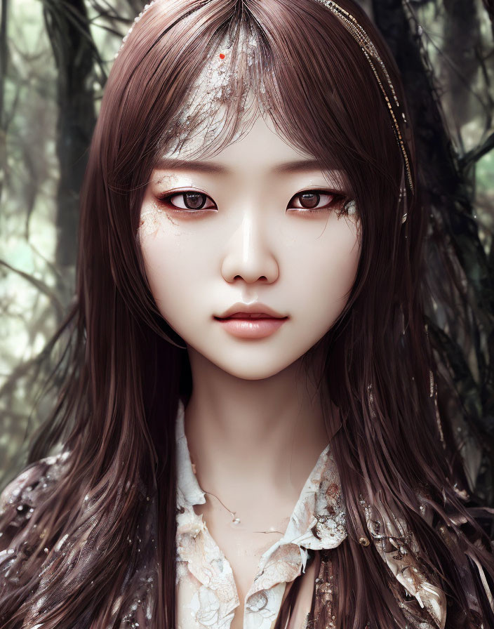 Ethereal woman with captivating eyes and facial markings in forest setting