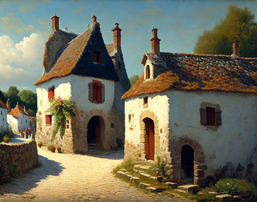 Rustic village scene with cobblestone street and stone houses