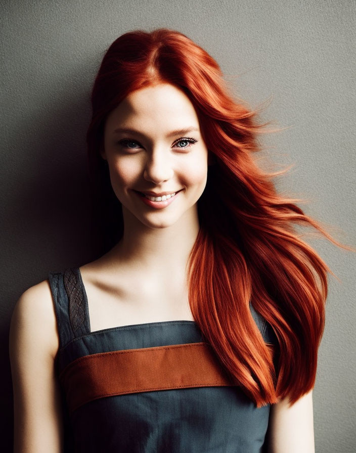 Smiling woman with red hair and blue eyes in striped dress on gray background