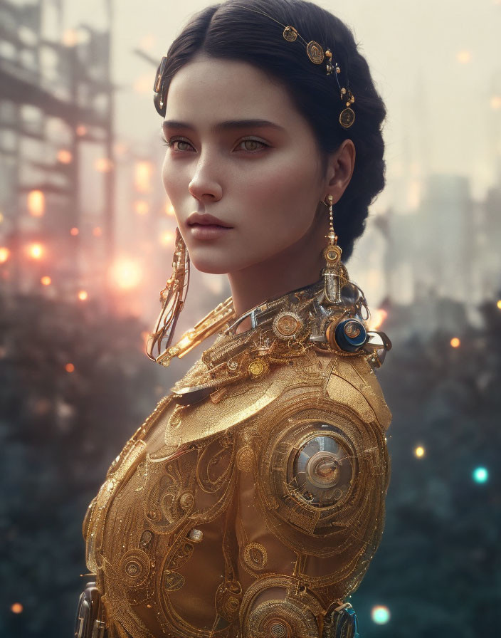 Futuristic female character with gold cybernetic armor and dark hair