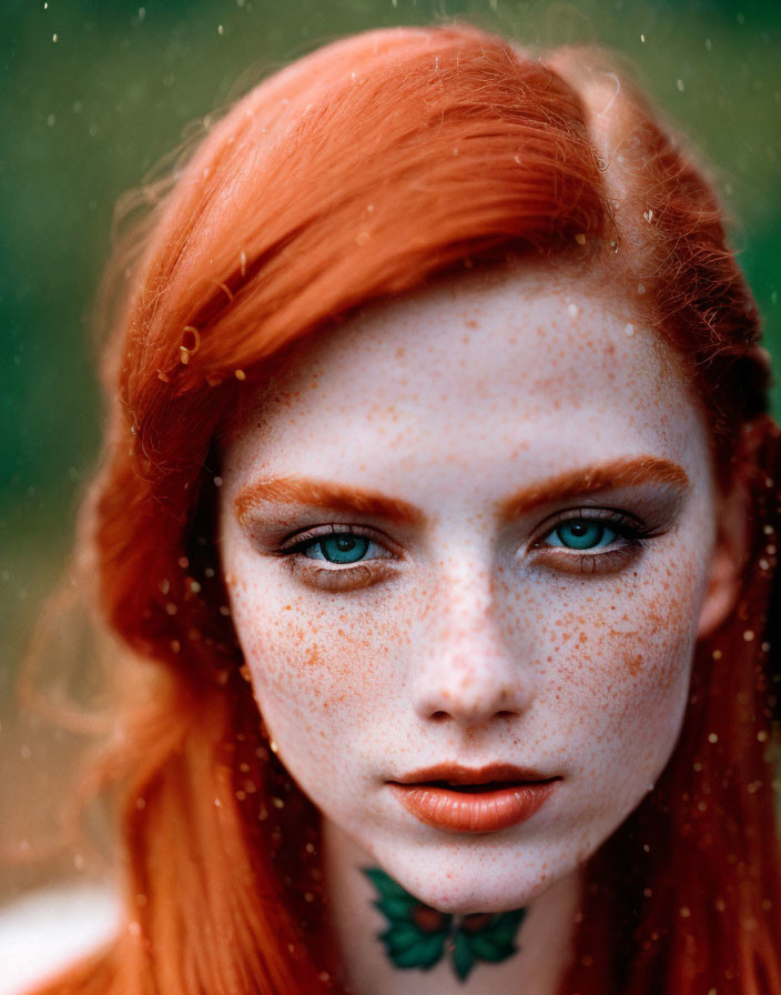 Close-up portrait of woman with red hair, freckles, and neck tattoo