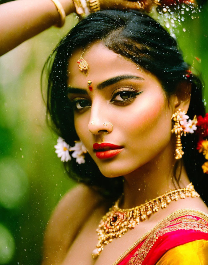 Traditional Indian woman in jewelry and attire with flowers, standing in water droplets.