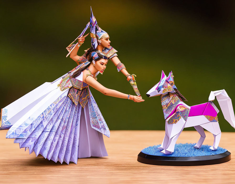 Colorful Origami-Inspired Woman and Fox Figurines on Stand