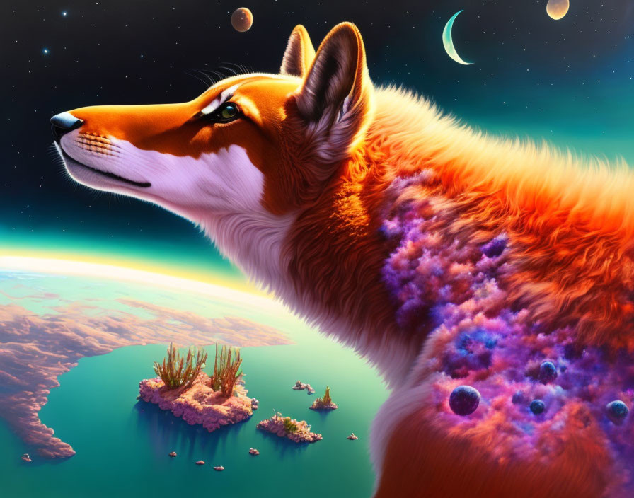 Cosmic fox digital art with star-filled fur in fantastical space scene