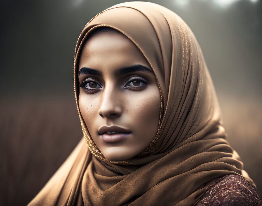 Woman portrait with warm-toned hijab and intense gaze against blurred background