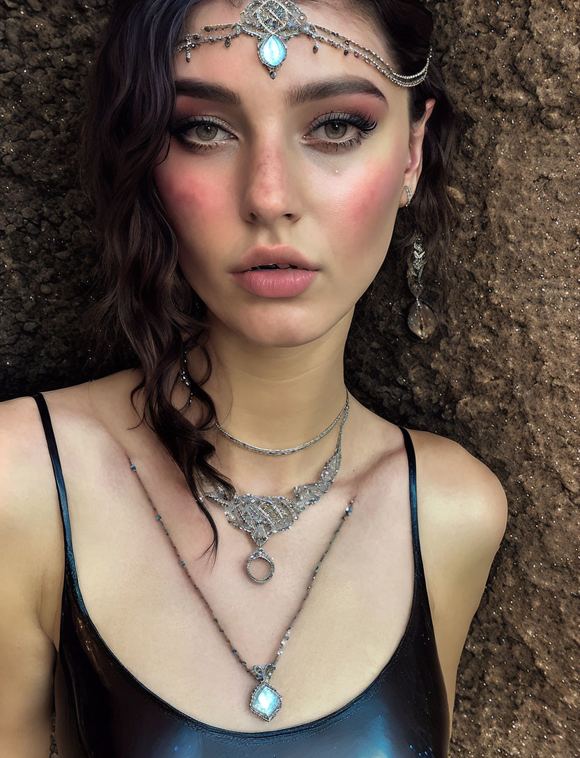 Dark Curly-Haired Woman with Blue Jewelry on Brown Textured Background