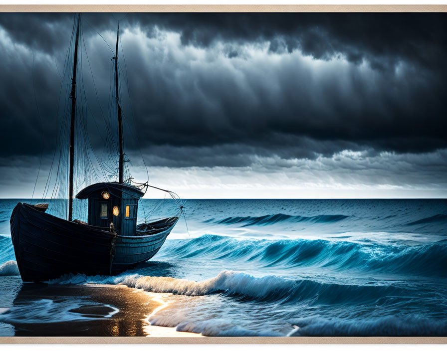 Sailboat on sandy shore under stormy sky