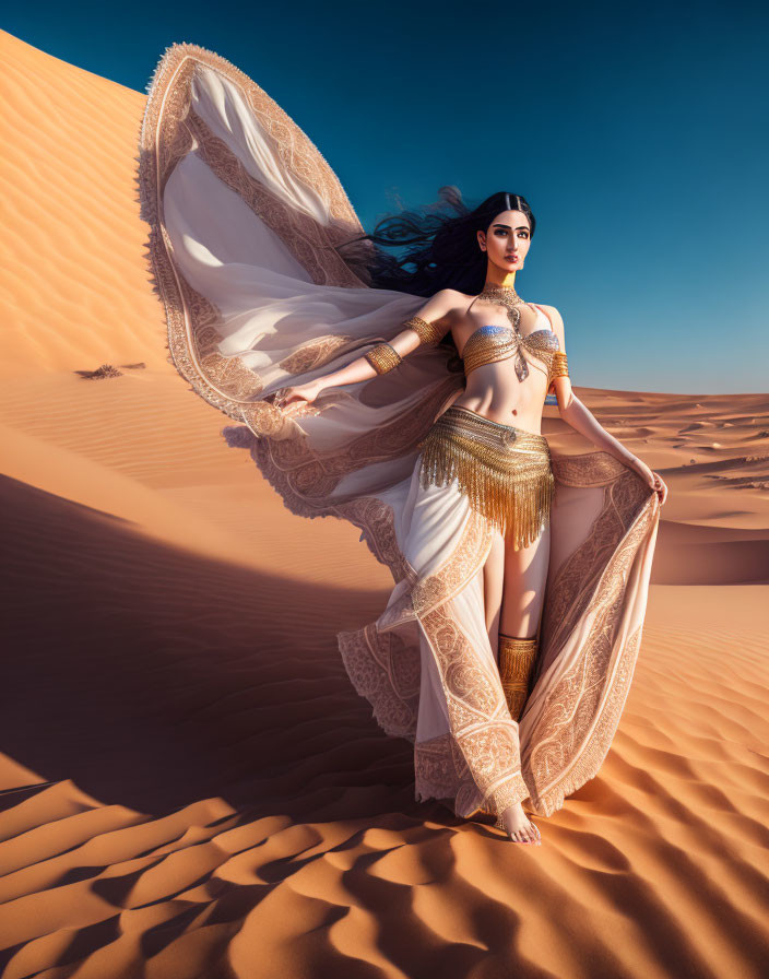 Elaborate white and gold attire woman in desert dune scenery