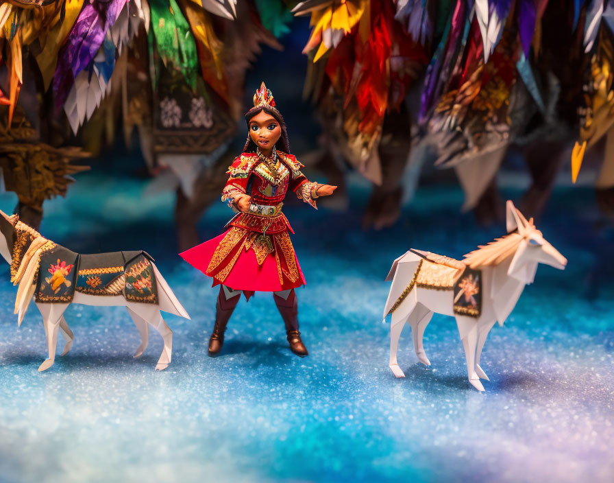 Miniature Woman Figurine in Red and Gold Outfit with Animal Figures on Bokeh Background