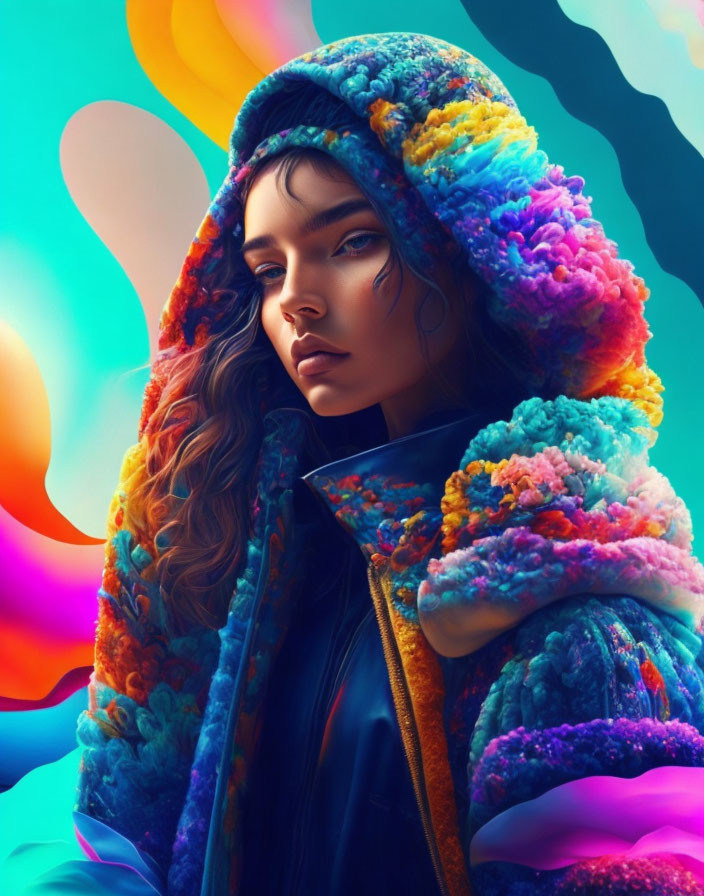 Person with Wavy Hair in Multicolored Knit Hood and Jacket on Colorful Background