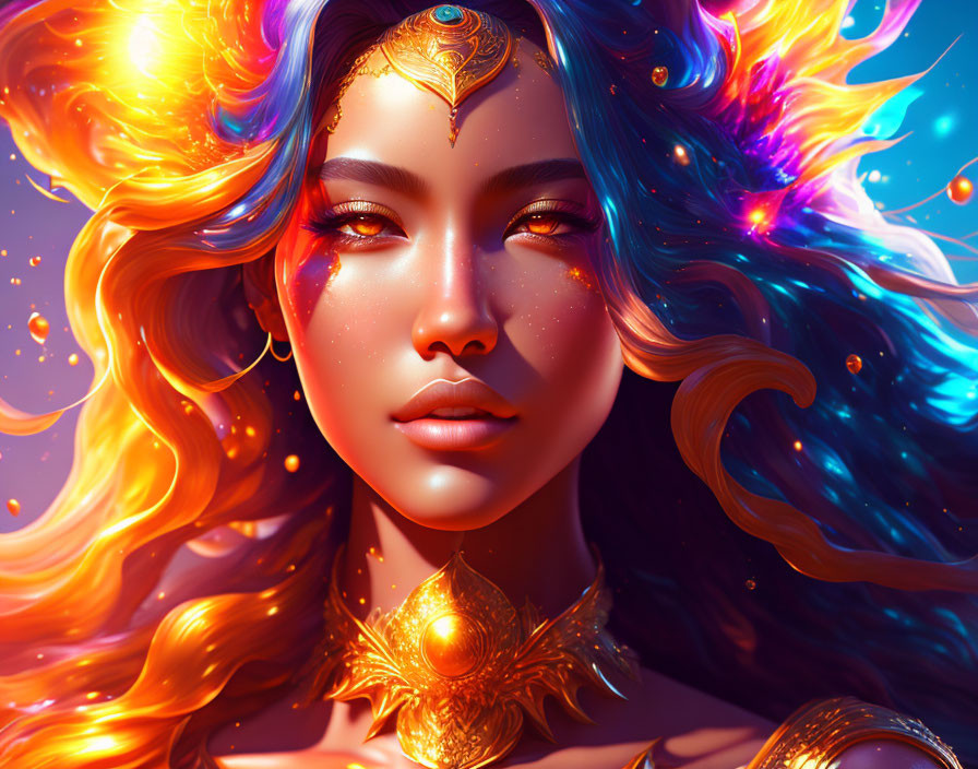 Vibrant portrait of woman with fiery multicolored hair and mystical adornments