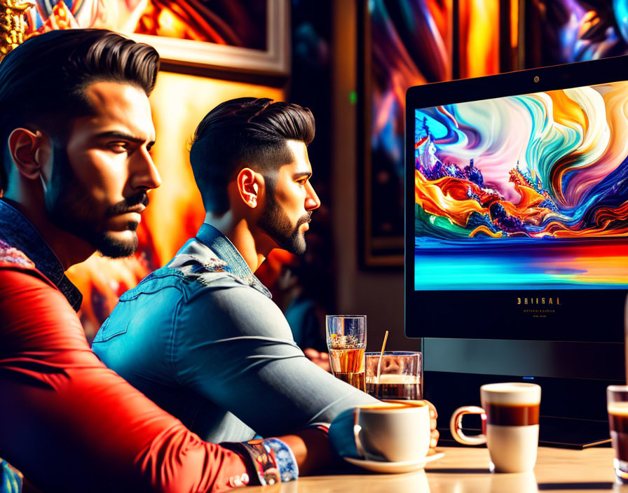 Men viewing computer screen in vibrant room with colorful artwork & drinks