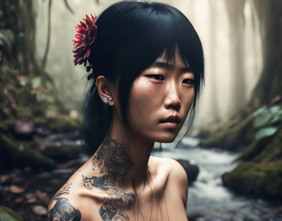 Person with arm and shoulder tattoos in misty forest setting