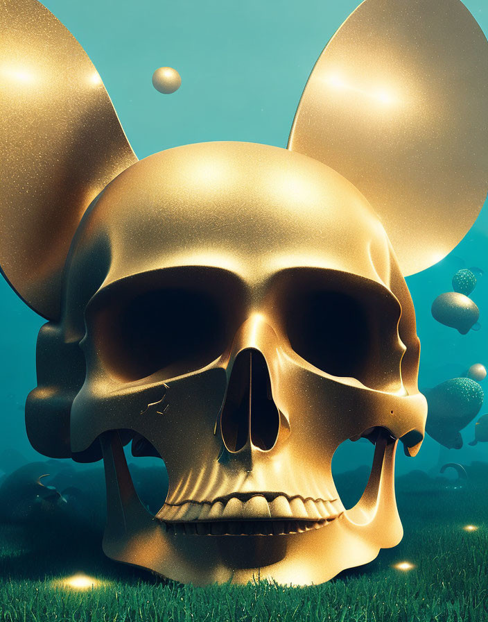 Golden skull with mouse ears in underwater scene with greenery and bubbles