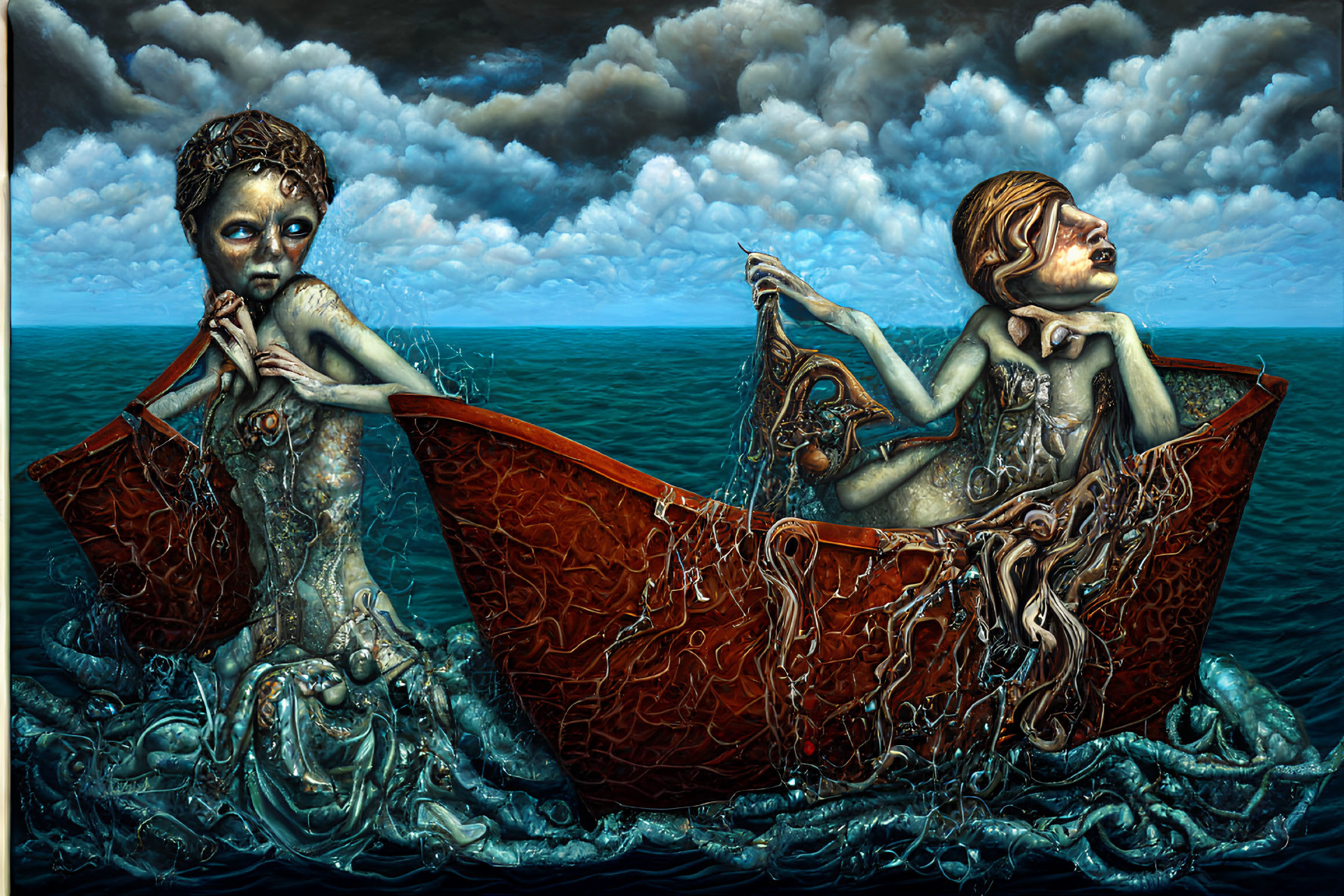 Surreal artwork: Two figures with mechanical attributes in broken boat amid stormy sky & tumultuous