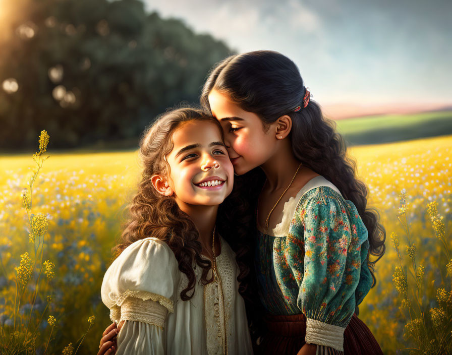 Two girls smiling and embracing in sunlit field of yellow flowers