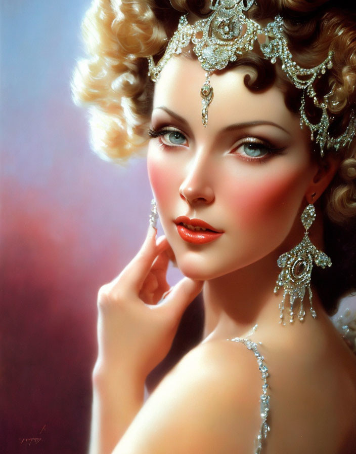 Portrait of Woman with Blue Eyes and Sparkling Jewelry, Curly Blonde Hair