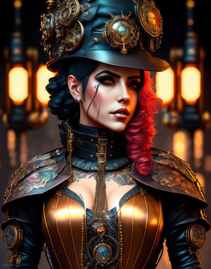 Steampunk-inspired woman digital artwork with ornate armor and vibrant red hair