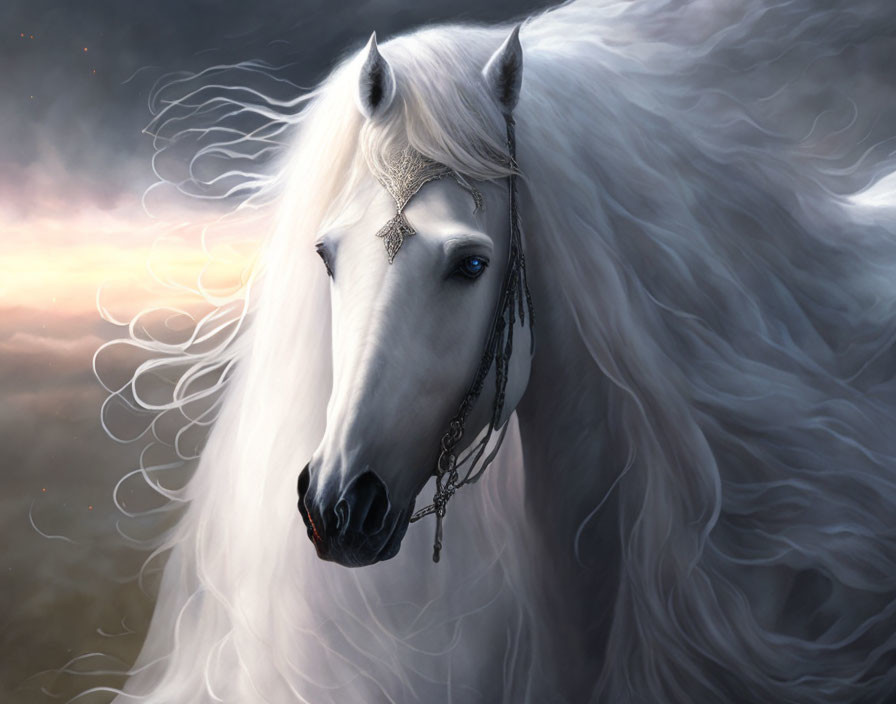 White Horse with Flowing Mane and Silver Chains in Sunset Scene