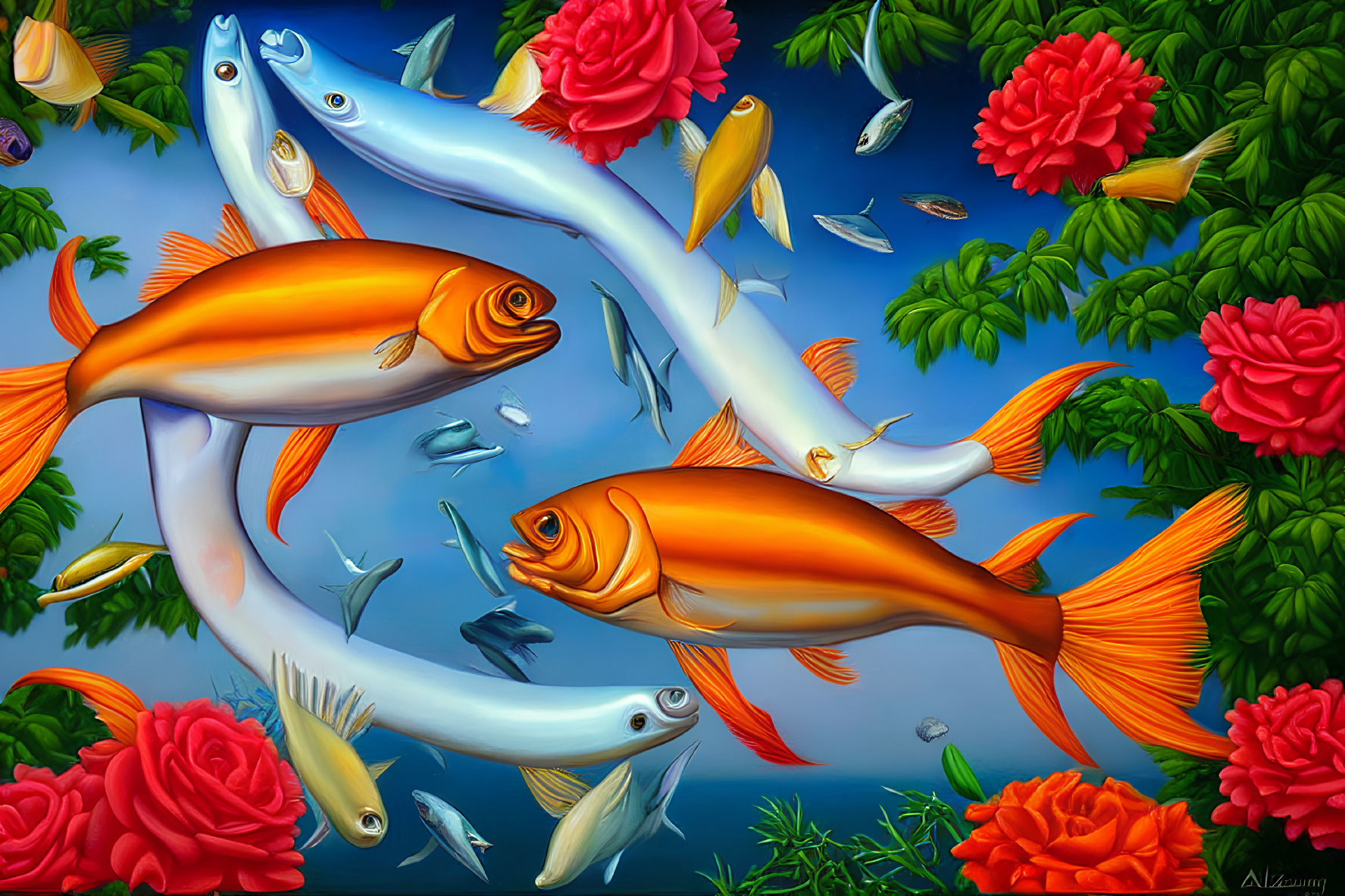 Colorful koi fish swimming with blue fish and flowers in aquatic scene