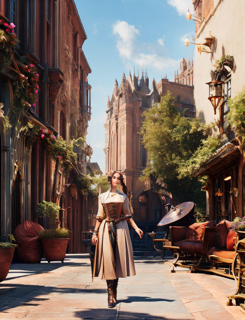 Medieval fantasy woman in sunlit narrow street with old buildings