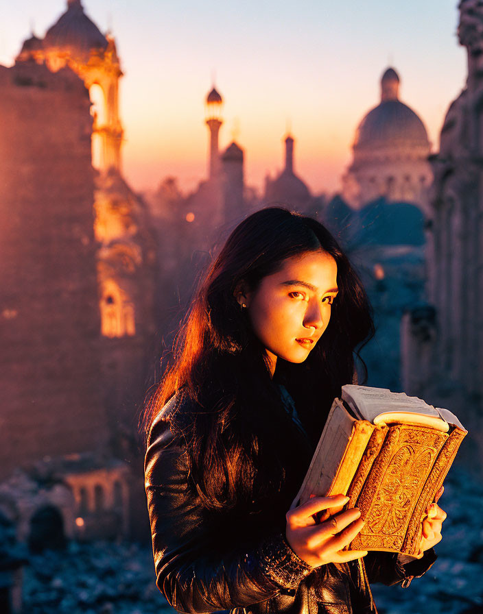 Woman reading book at sunset near historical buildings.