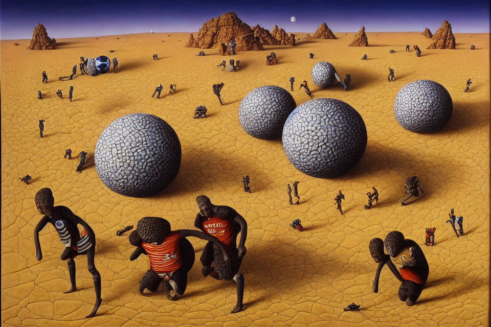 Soccer-themed surreal desert landscape with cracked spheres and figures intermingled.