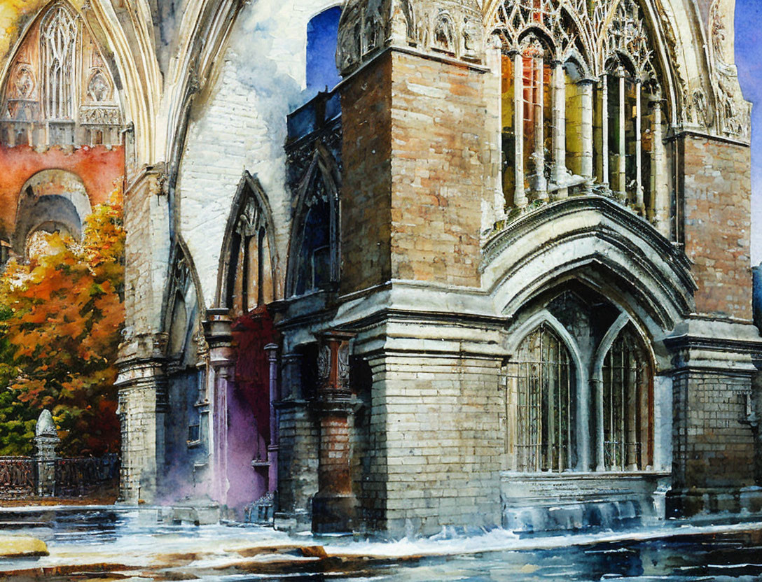 Detailed Watercolor Painting of Gothic Cathedral