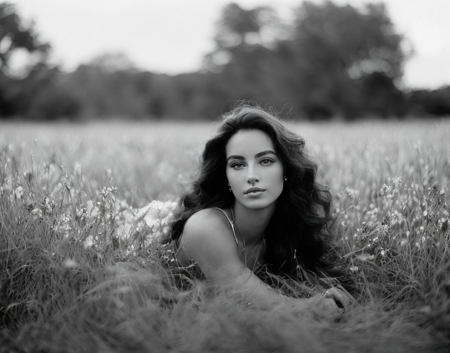 Monochrome portrait of woman in field, obscured by tall grass