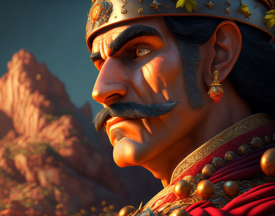 Regal character with curled mustache in ornate attire against rugged landscape