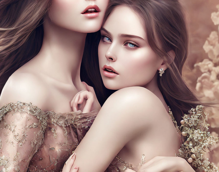 Fair-skinned women in ornate beige dresses with floral details in dreamlike setting