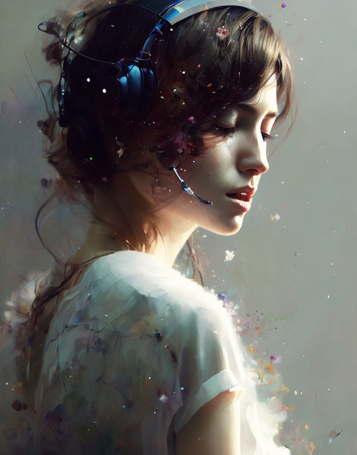 Profile of woman in headset with dreamy expression amid colorful artistic splashes.