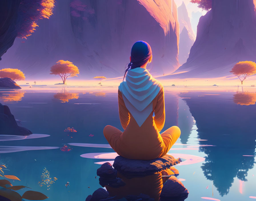 Meditative person in serene fantasy landscape at sunset